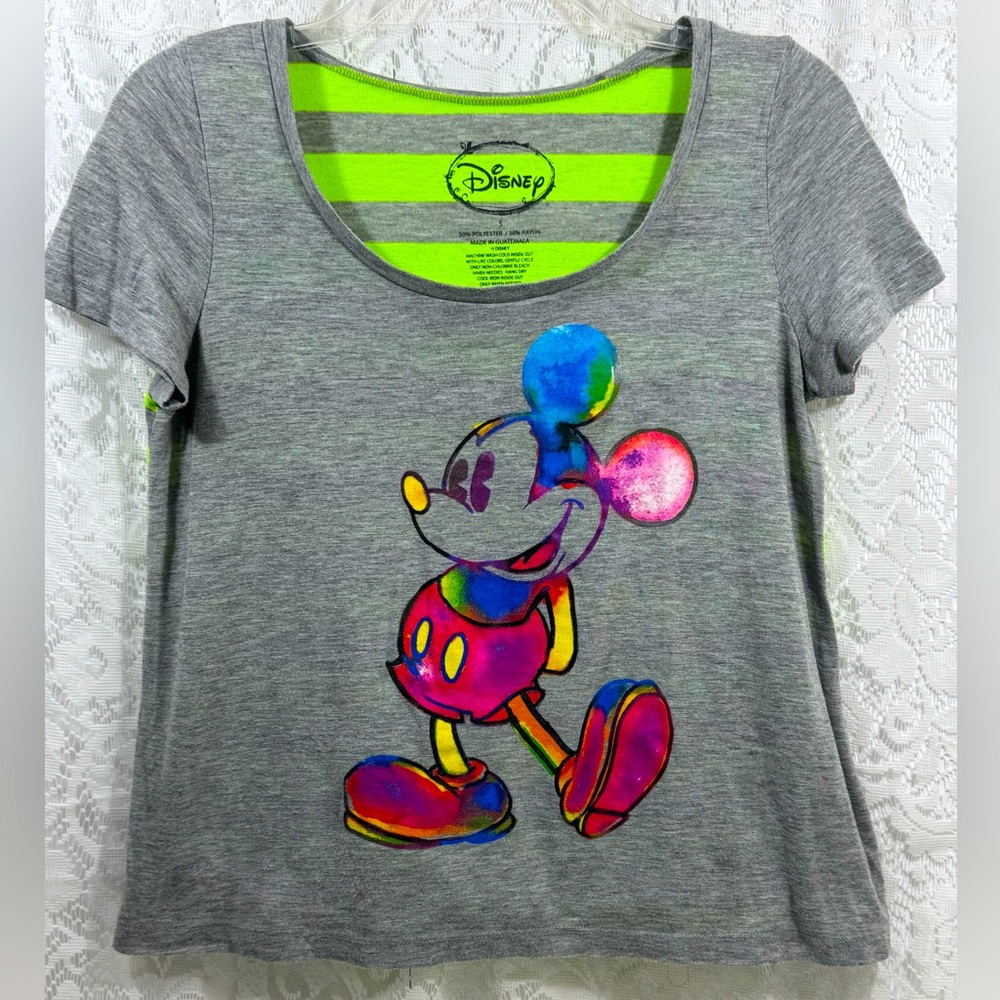 Disney Mickey Mouse Short Sleeve Tee Shirt Gray with Neon Green stripes Womens S
